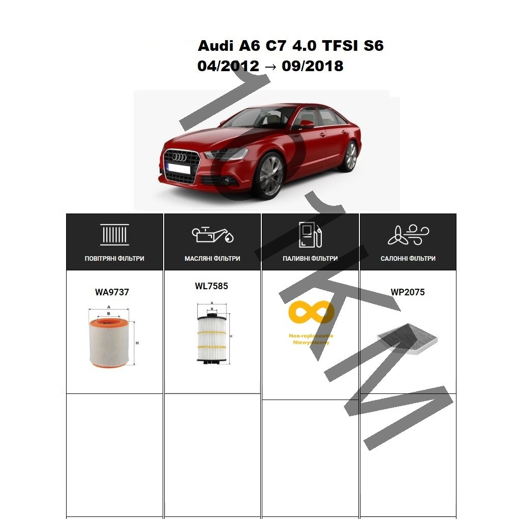 Комплект фільтрів Audi A6 C7 4.0 TFSI S6 (2012-2018) WIX