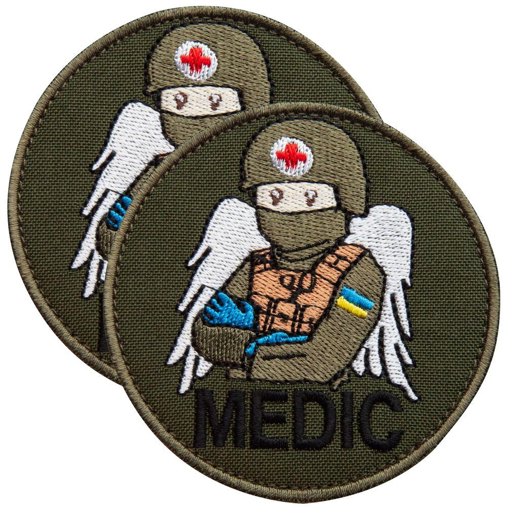 Набір шевронів 2 шт. на липучці MEDIC хакі 7,5х7,5 см, вишитий патч шеврон нашивка медична, медичний