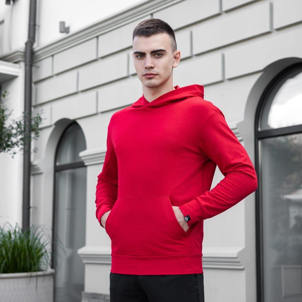 Красная худи мужская с капюшоном однотонная молодежная на весну-осень ...