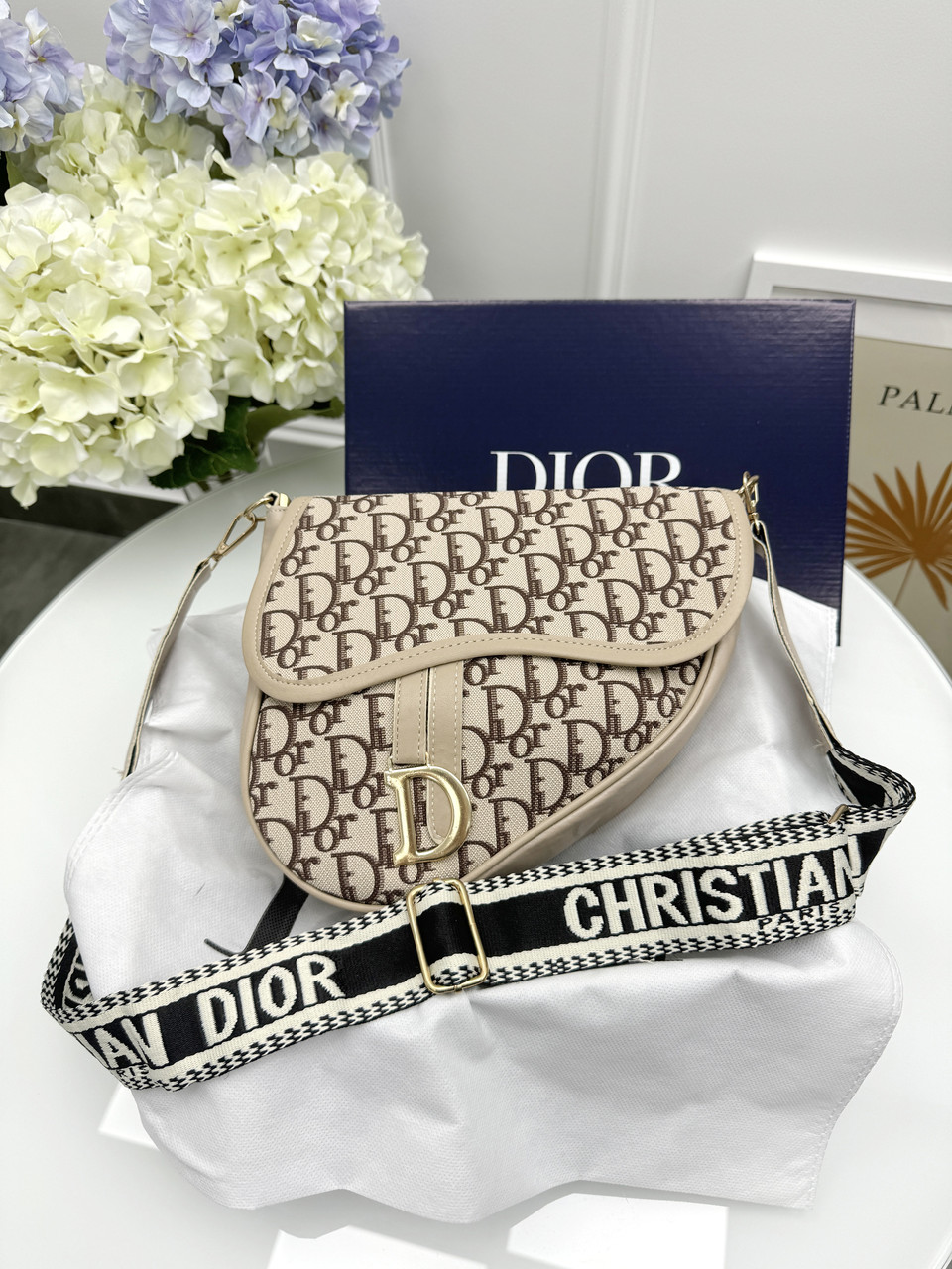 Жіноча сумка Крістіан Діор сідло бежевий текстиль Dior, фото 1