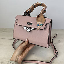 Сумка модна з ручкою 22см срібляста фурнітура А25-0354 Рожева