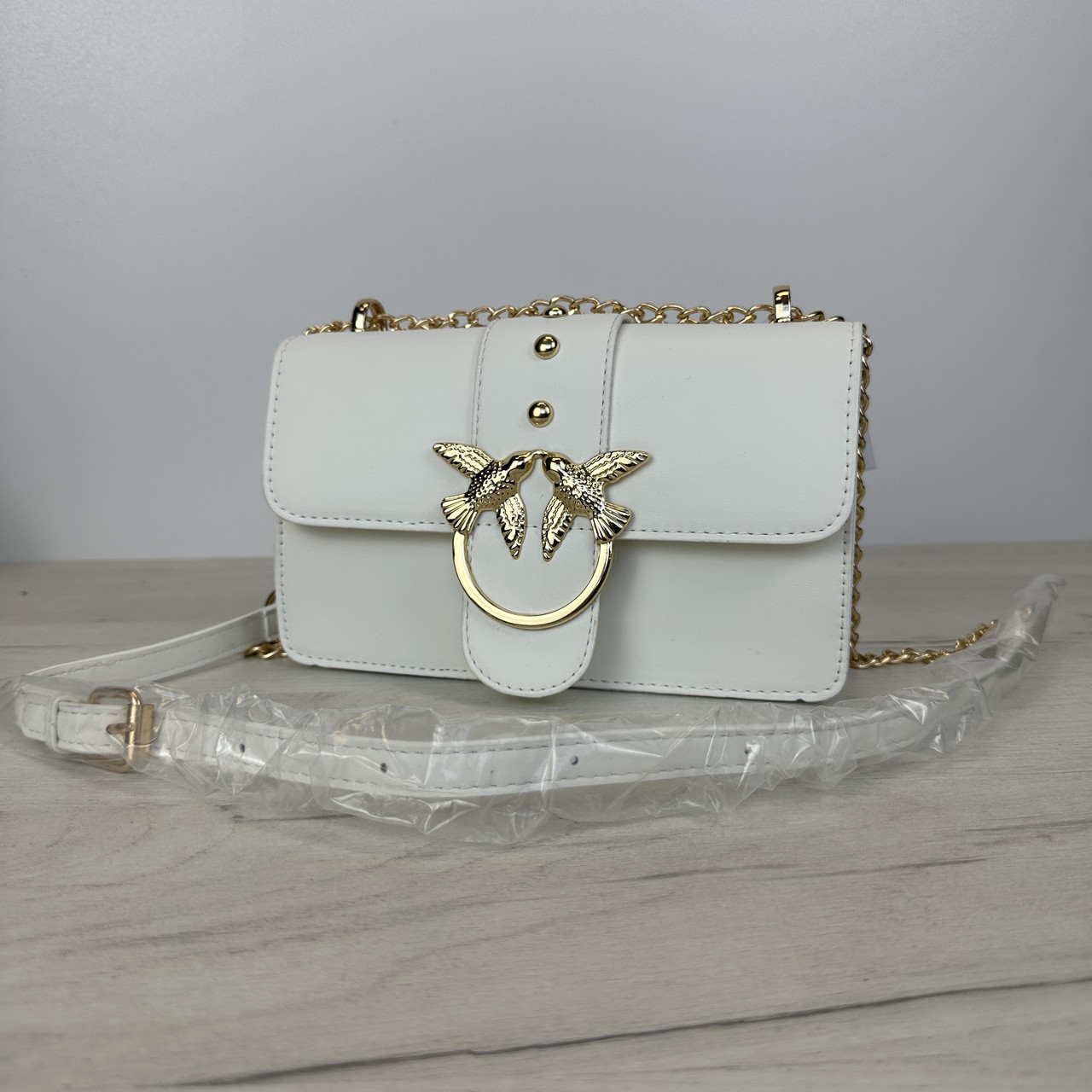 Сумка клатч застібка з пташками фурнітура золота А04-0281 Біла, фото 1