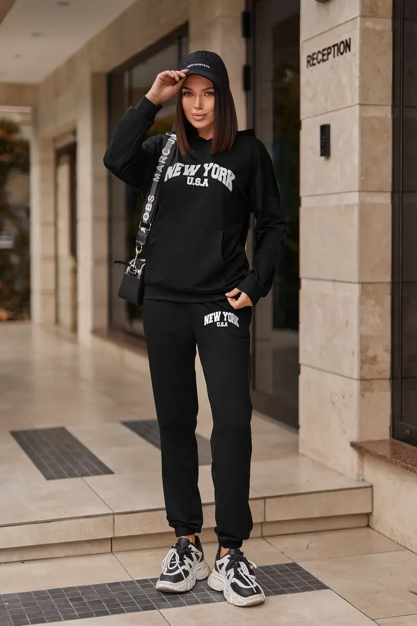 Жіночий чорний спортивний костюм весна-осінь із трикотажу худи з капюшоном, фото 1