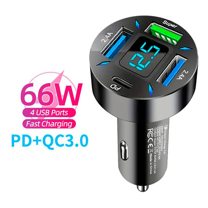 Швидкий зарядний пристрій від прикурювача 66W 3 USB + Type-C PD з цифровим дисплеєм