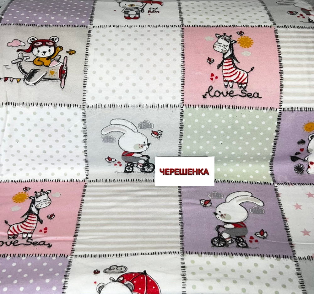 Дитяча натуральна тканина 240 см для постільної білизни Фланель (байка) у горошок із принтом звірята, у рулоні 25 м