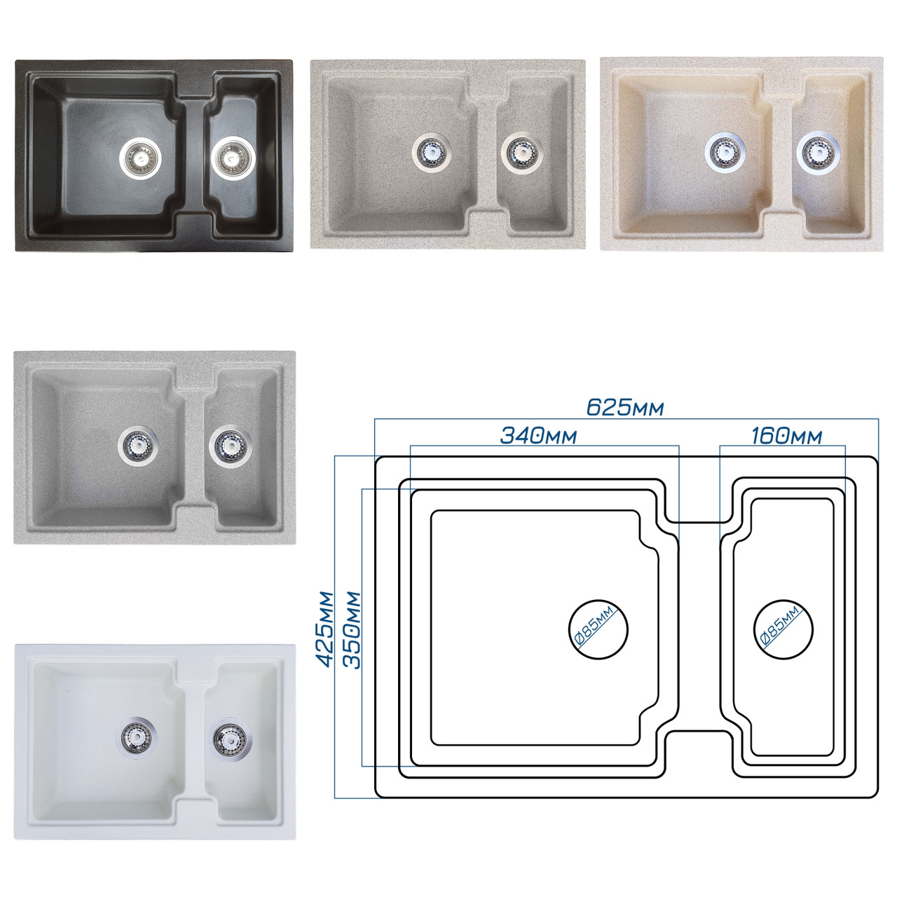 Гранітна кухонна мийка Romzha Patrat 62D. Мийка на дві чаши, гранитні мийки для кухню, фото 1