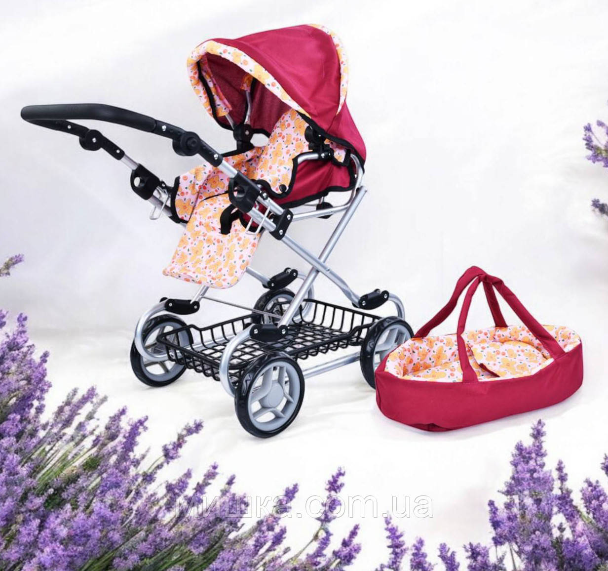 Коляска для ляльки 9346W Melogo, класика, 2 в 1, з люлькою, металева з прогумованою ручкою h = 63 см, фото 1