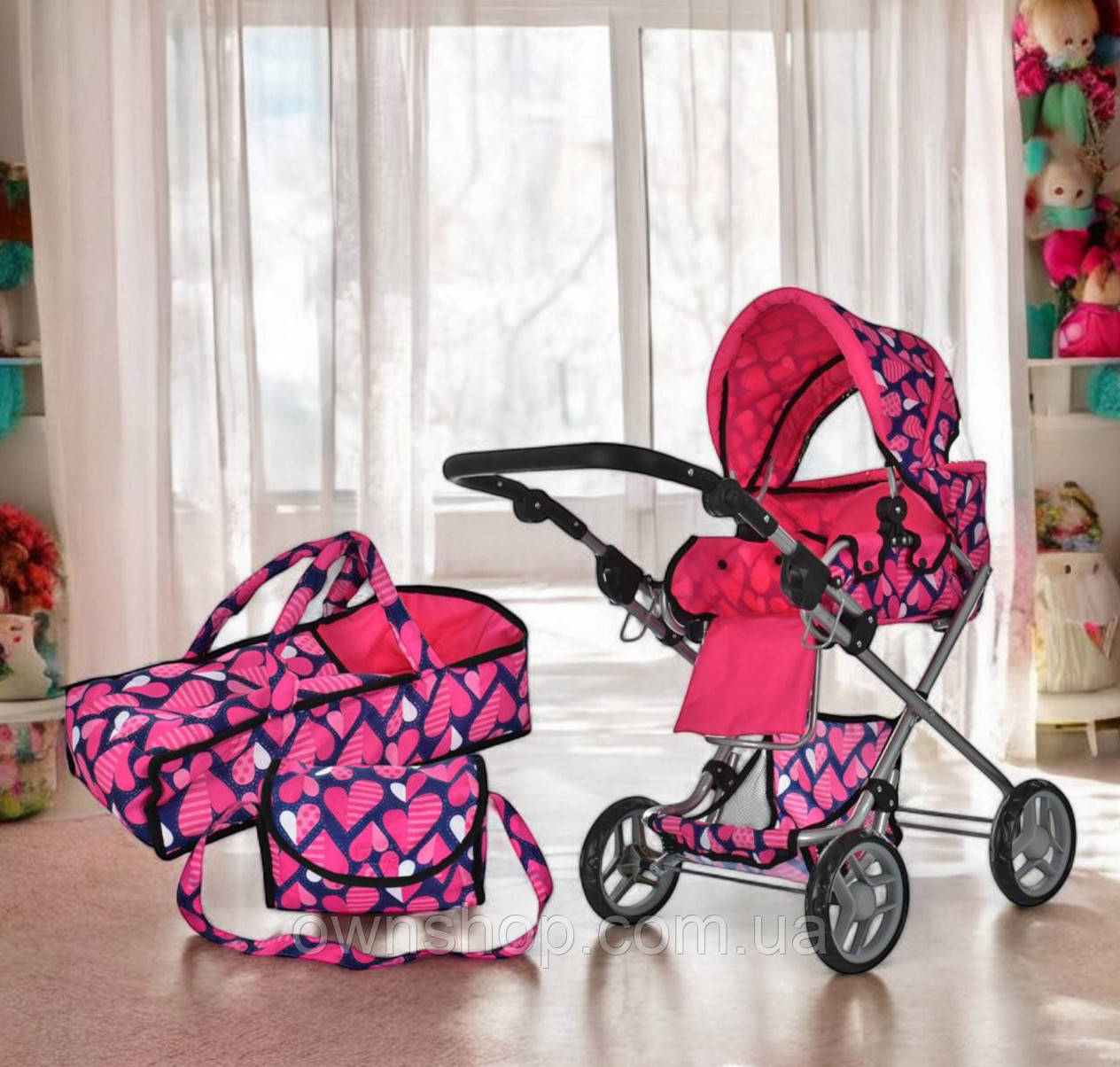 Коляска для ляльки 9333 Melogo, з люлькою та сумкою, демісезонна, висота ручки 71 см, фото 1