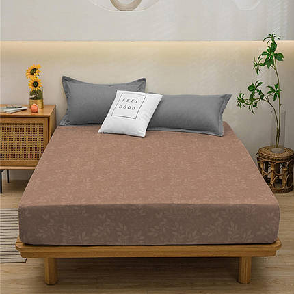 Мікрофіброве натяжне простирадло на гумці (140*200*25) двоспальне коричневе однотонне з гілочками, фото 1