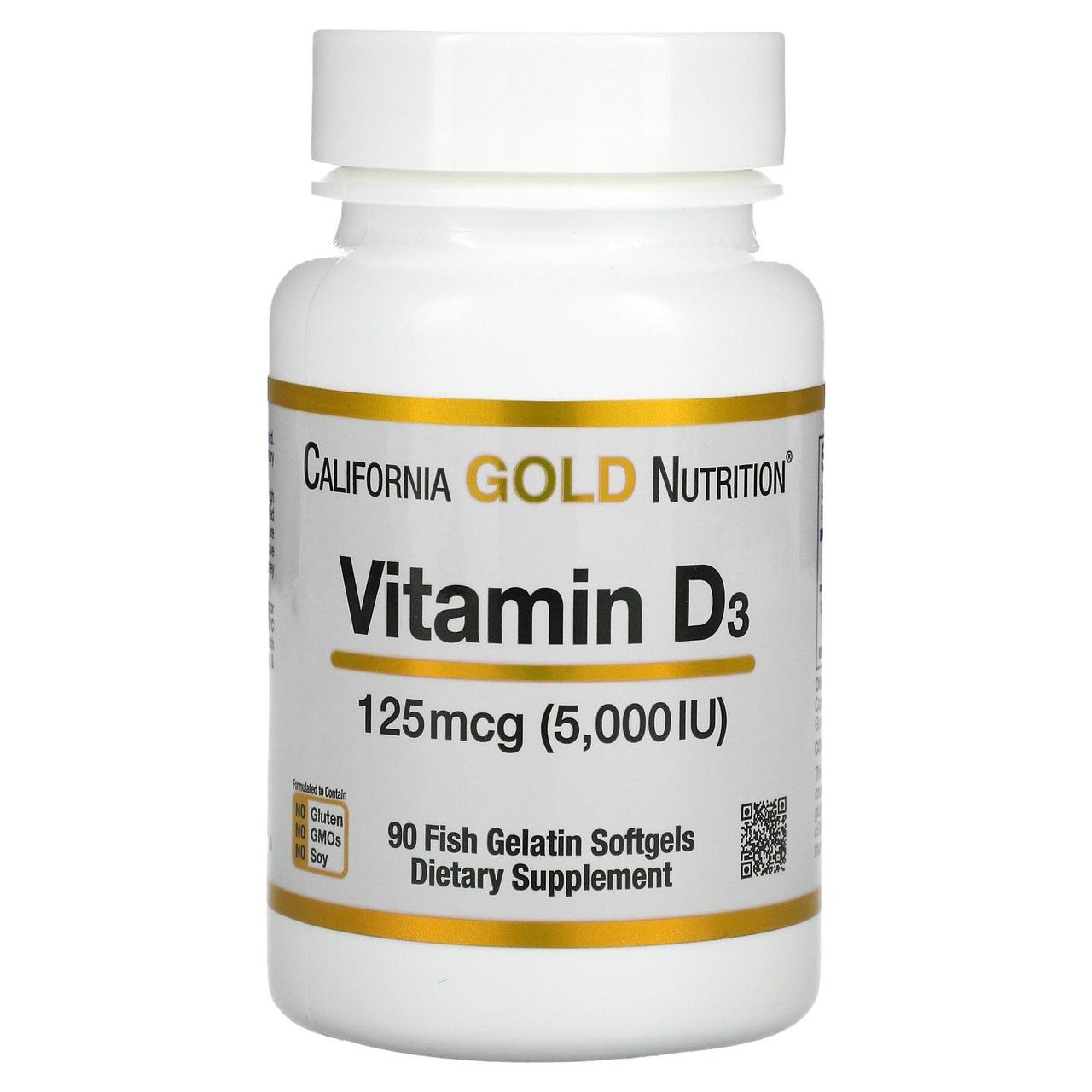 Вітамін Д3 California Gold Nutrition (Vitamin D3) 5000 МО 90 рибних желатинових капсул BX503, фото 1