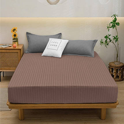 Натяжне міцне простирадло-чохол мікрофібра на гумці однотонне (140*200*25) двоспальне коричневе в смужку, фото 1