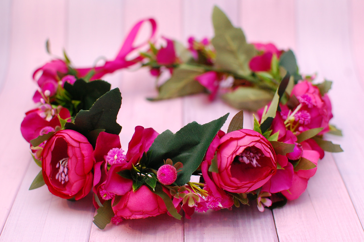 Вінок для волосся / віночок на голову з квітами малиновий  798, фото 1