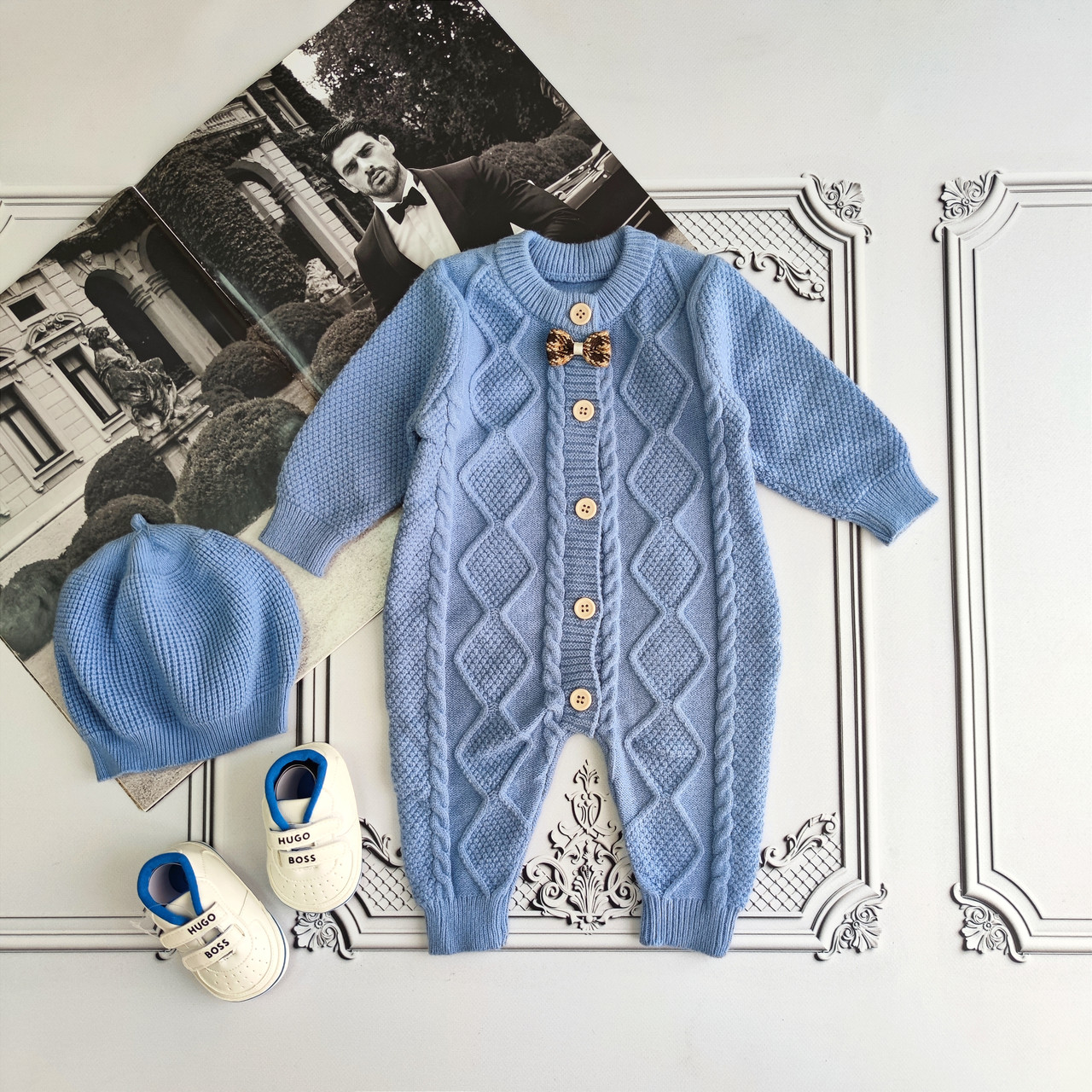 Дитячий в'язаний чоловічок з шапочкою, блакитний осінній ромпер для новонароджених Джентельмен