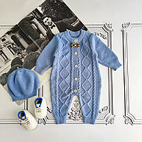 Дитячий в'язаний чоловічок з шапочкою, блакитний осінній ромпер для новонароджених Джентельмен