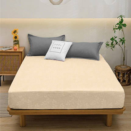 Натяжне полуторне простирадло-чохол мікрофібра на гумці (120*200*25) однотонне з гілочками на жовтому, фото 1