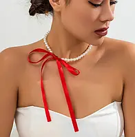 Чокер перли з червоною стрічкою на шию прикраса кольє Fashion Jewerly