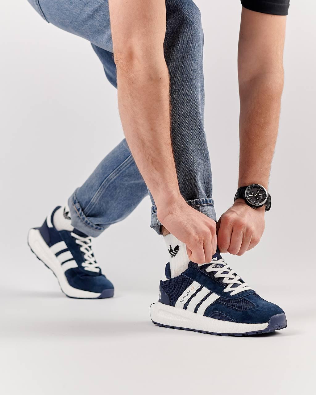Чоловічі замшеві кросівки Adidas Originals Retropy E5 Navy White, кеди Адідас сині замша сітка Чоловіче взуття