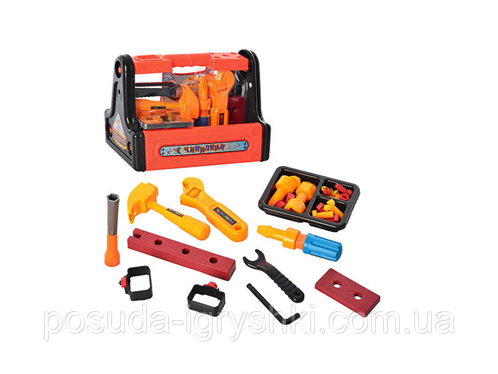 Набір інструментів 2016 молоток, викрутка, болти, досточки, в ящику, в кульці, 28,5-21-16см, фото 1