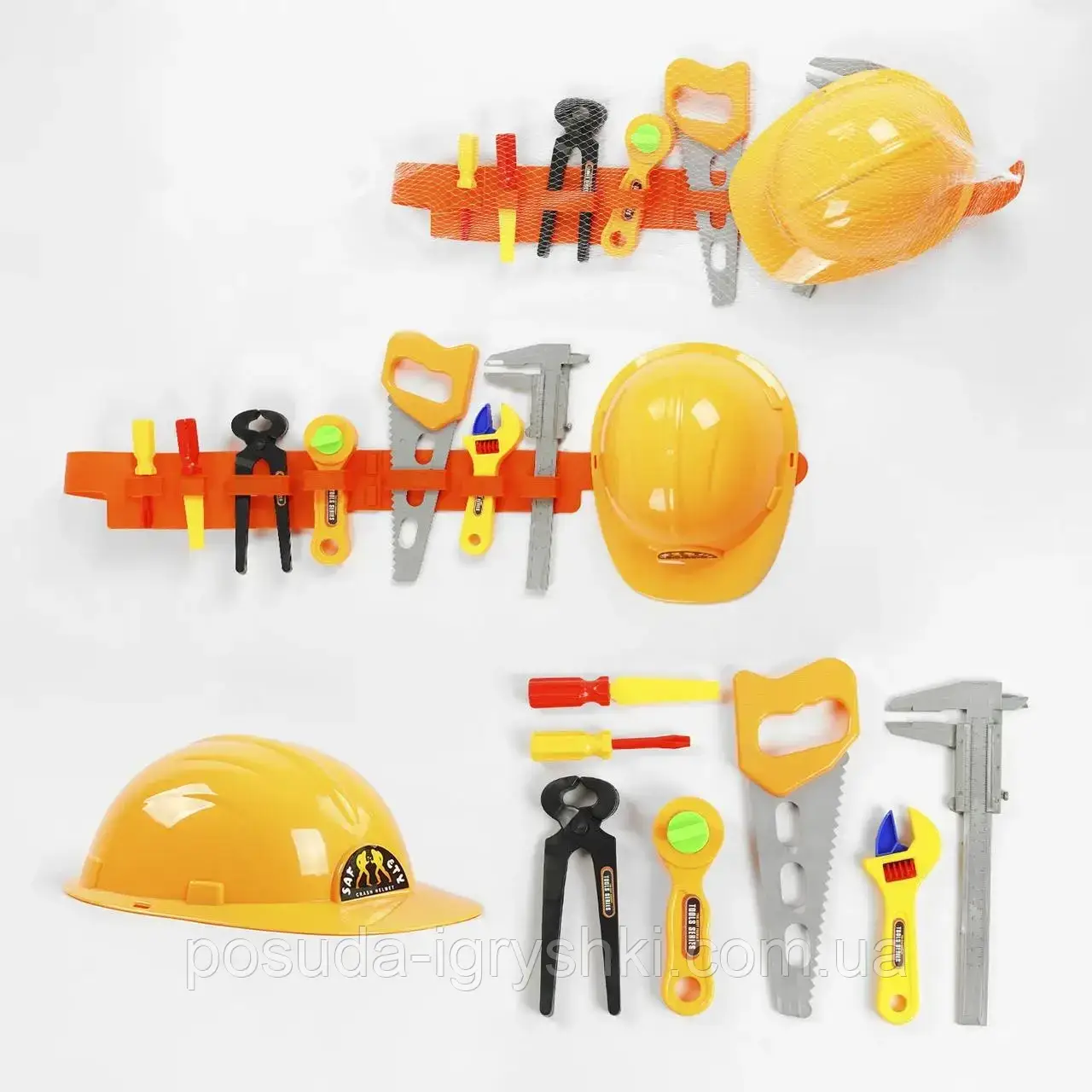 Набір інструментів E88-1 каска, ремінь, молоток, плоскогубці, пила, в сітці, 65-23-8см, фото 1