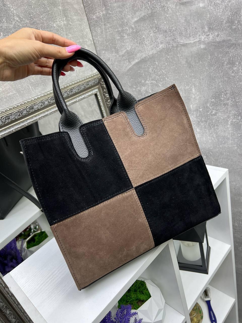 Жіноча сумка-шопер квадратна моко з чорним натуральна замша+шкірзам