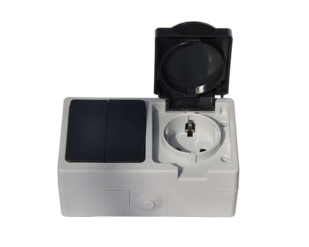 Вимикач 2-й + розетка з кришкою IP54 GISelt Elbrus, фото 1