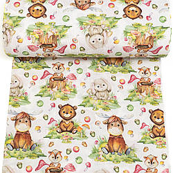 Ранфорс digital з цифровим друком "Лось, ведмедик, зайчик на зеленій траві", №5263