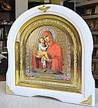 Ікона Пресвята Богородиця Почаївська у білому дерев'яному арочному кіоті під склом, розмір кіота 28*25, сюжет 15*18., фото 2