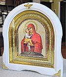 Ікона Пресвята Богородиця Почаївська у білому дерев'яному арочному кіоті під склом, розмір кіота 28*25, сюжет 15*18., фото 4
