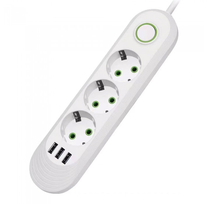 Мережевий фільтр F03U,3гн. EU+3 USB, 1.5м,3х0,75мм,2500W,White, Voltronic, Арт.56575