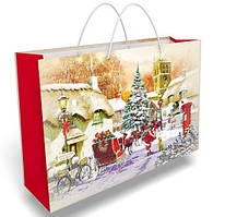 Пакет для подарунка великий горизонтальний "Новорічне місто" 36х24 см