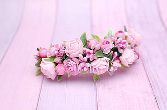 Пов'язка дитяча на голову для дівчинки на стрейчевій основі з квітами рожева 764