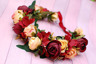 Вінок для волосся / віночок на голову Об*ємний / пишний з квітами бежево-бордовий 760