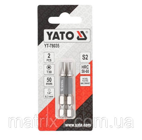 Бита викруткова TORX T30 х 50 мм. HEX 1/4», покрита нікелем, 2 шт.  YATO YT-78035
