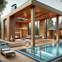 Сучасна панорамна альтанка з банею, басейном та купіллю: проектування та будівництво. Фото