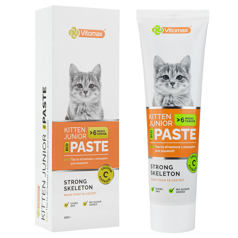Паста для кошенят вітамінна Kitten Junior Paste з кальцієм і бета-глюканом 100 г Vitomax, фото 1