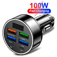 Швидкий зарядний пристрій від прикурювача 100W 4 USB + 2 Type-C PD QC3.0 з цифровим дисплеєм