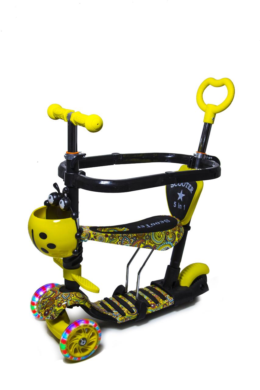 Самокат з сидінням і батьківською ручкою Scooter 5 в 1 з малюнком "Орігамі" з захисними бортиками