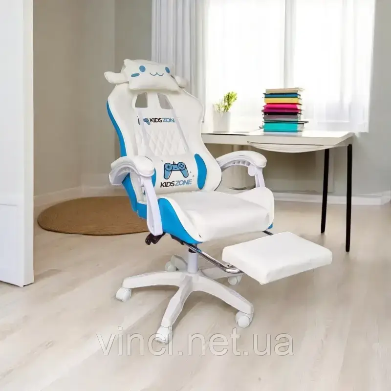 Компютерне крісло з підніжкою KIDS ZONE KO27N БІЛО-БЛАКИТНЕ Ігрове спортивне крісло, фото 1