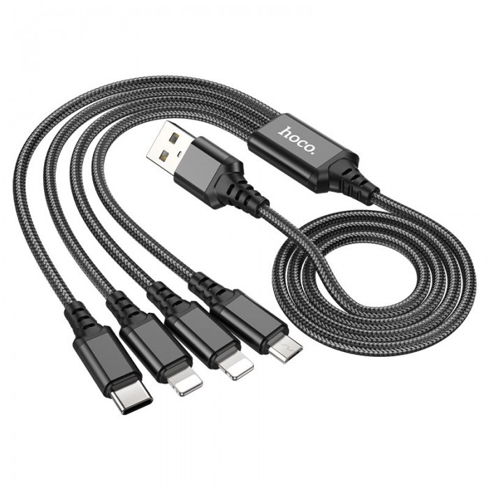 Кабель для заряджання телефонів HOCO X76 4 в 1 USB to Type-C+Lightning+Lightning+MicroUSB 2A Чорний