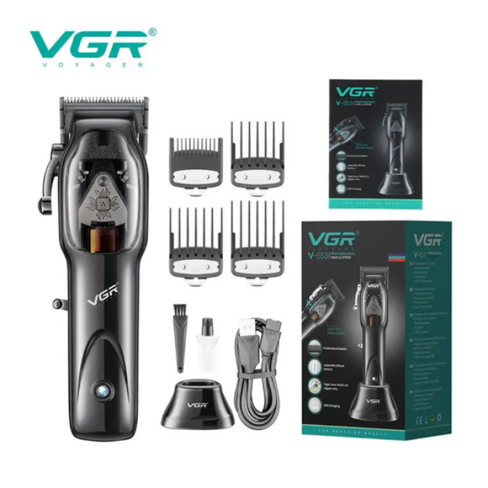 Професійна машинка для стриження бездротова акумуляторна LED-дисплей VGR V-653 Чорна + 4 насадки