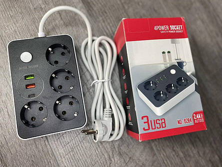 Мережевий подовжувач Power Socket 8206 на 4 розетки + 2USB+Type-C 2m, фото 1