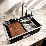 Кухонна мийка "ВОДОСПАД", сатин, мийка з нержавіючої сталі з сифоном, змішувачем і дошкою, фото 4