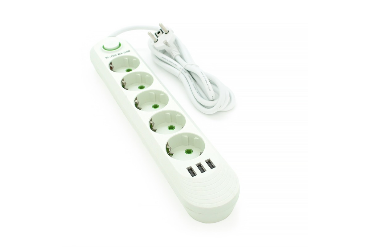 Мережевий фільтр F05U,5гн.EU+3 USB,1.5м,3х0,75мм,2500W,White, Voltronic, Арт.56587