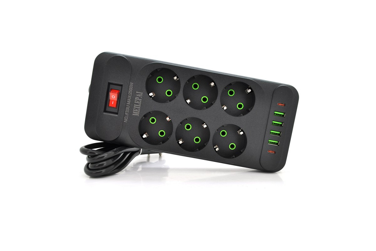 Мережевий фільтр F34U,8гн.EU+4USB+2PD, 2м,3х0,75 мм,2500W,Black, Voltronic, Арт.56585
