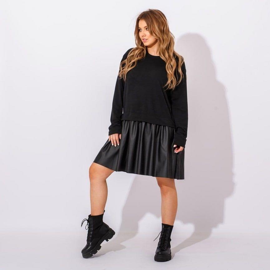 Вільне плаття з розкльошеною шкіряною спідницею в чорному кольорі (р. 42-52) 31PL5836, фото 1