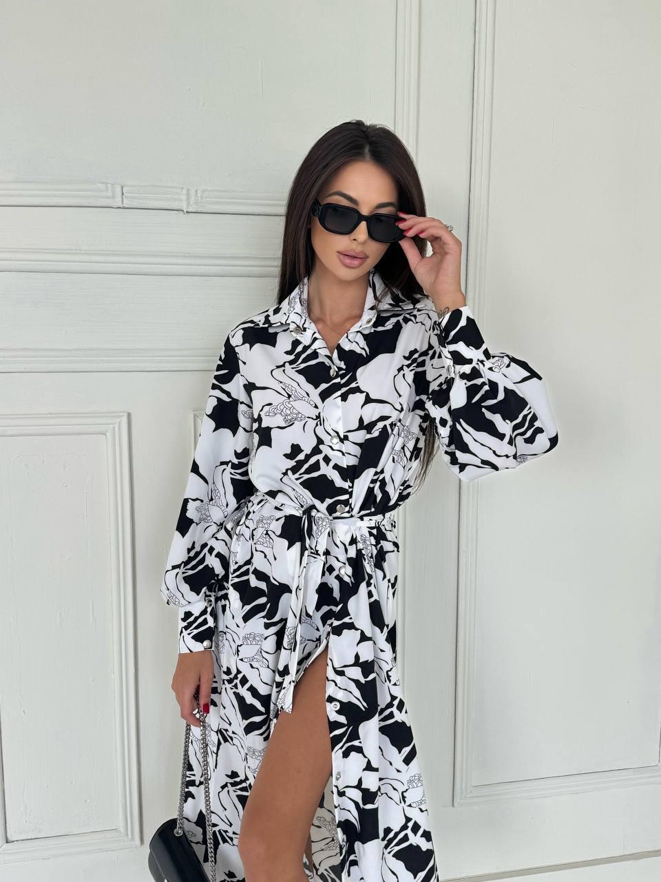 Квіткове плаття-сорочка міді на кнопках із поясом і довгими рукавами (р. 42-52) 2PL5839, фото 1