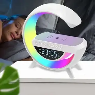 Велика настільна смарт-лампа-нічник G-Smart RGB BT-3401 з бездротовим заряджанням годинником, фото 3
