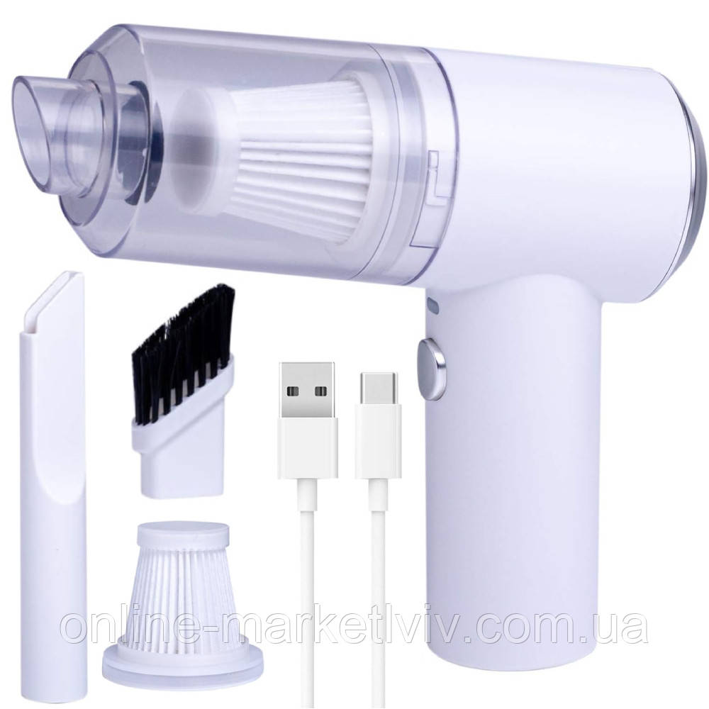 Автомобільний пилосос 120Вт, 2в1 Vacuum cleaner, Білий / Акумуляторний пилосос для машини з насадками, фото 1