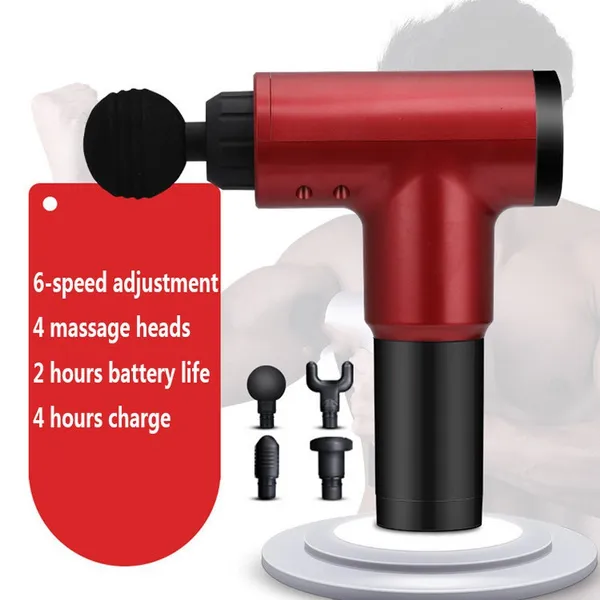 Масажер для тіла 6 швидкостей 4 насадки USB на акумуляторі, ударний масажний пістолет 21*17*6,5см, червоний