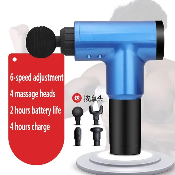 Масажер для тіла 6 швидкостей 4 насадки USB на акумуляторі, ударний масажний пістолет 21*17*6,5см, синій